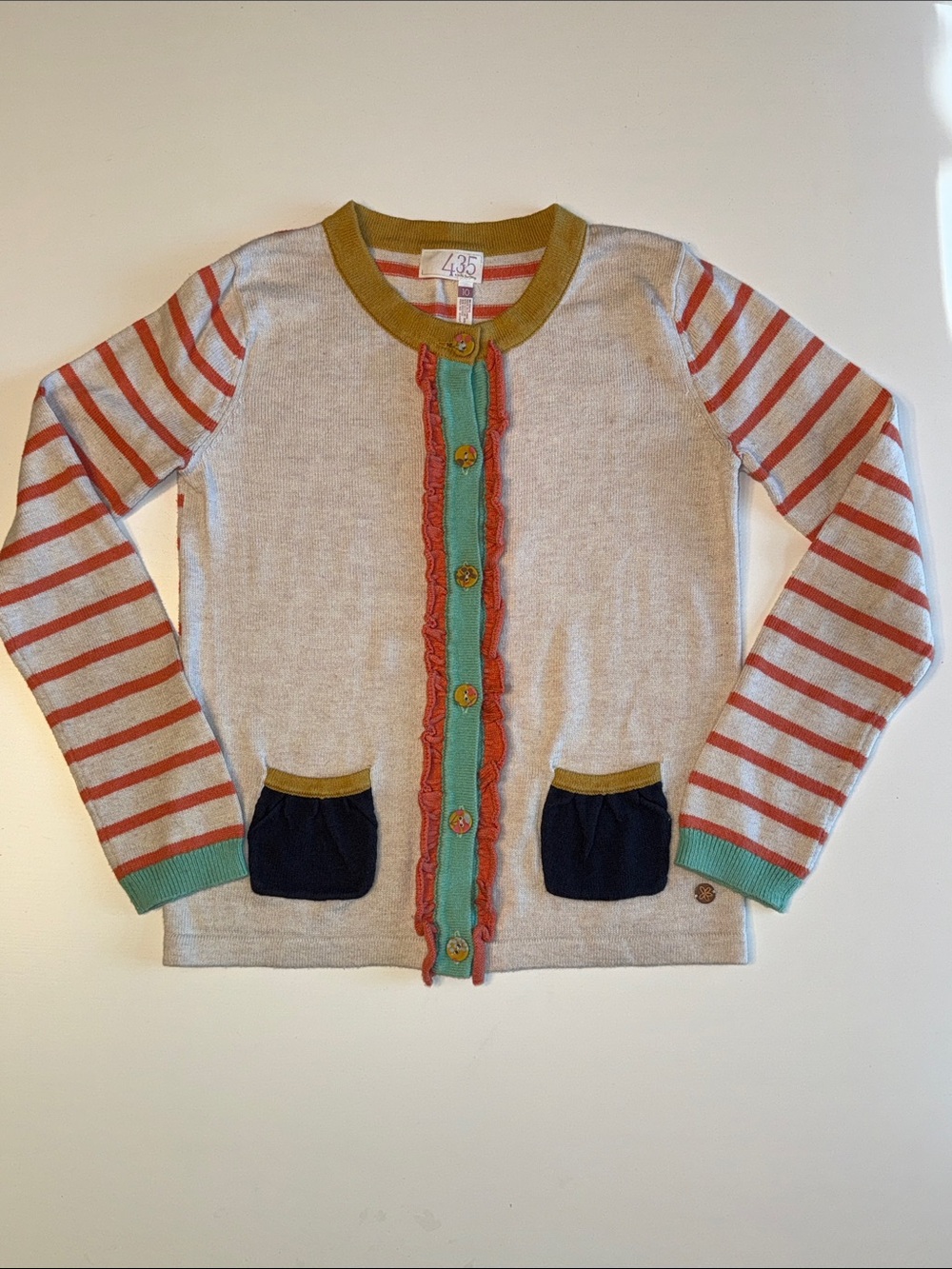 Matilda Jane  435 Cream Cardigan with Coral Stripes & Teal Trim Sz 10 VGUC